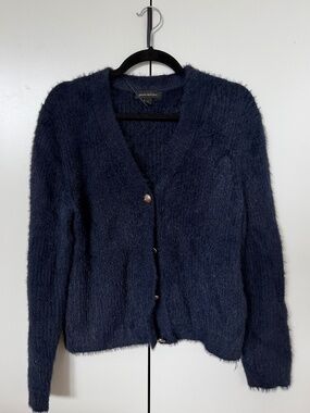 Banana Republic Navy Fuzzy Knit Cardigan Gold Button V-Neck Size M